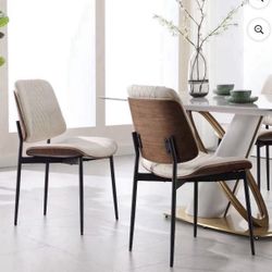 Dining Chair Set of 2/Mid Century Modern Upholstered Dining Chairs with Curved Backrest, Armless PU Leather Dining Chair for Living Room Kitchen, Whi