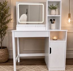 Get Ready with Me Vanity Table with Lighted Mirror and Storage, White Finish