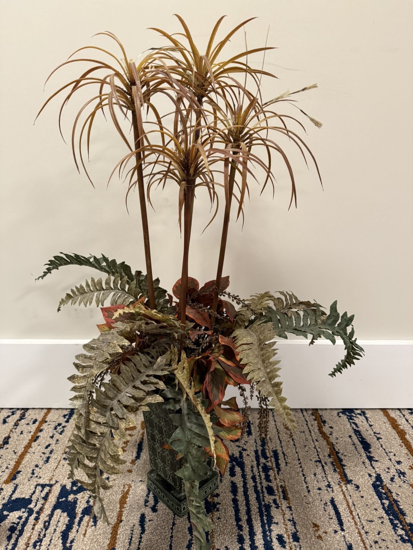 Tall autumn faux fern plant and other plants with metal vase-30 inches tall