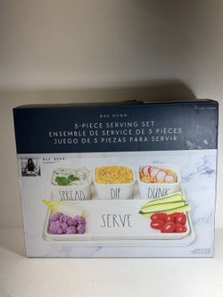 Rae Dunn 5 Piece Stoneware Serving Set: 3 Serving Bowls, 2 Trays NEW IN BOX