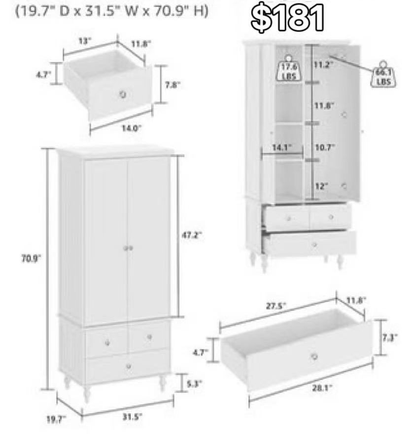 😀 2-Door Wardrobe Cabinet with Hanging Rod, Drawers and Shelves, Modern Free Standing Wood Storage Closet with Carved Lines and Sliver Knobs 