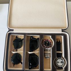 Assorted men glasses and watch collection + case