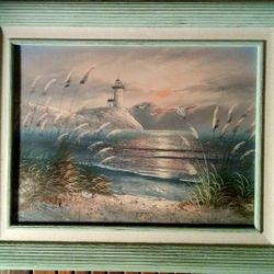 Seaside Lighthouse Painting  Wood Frame Landscape Beach Sand Sea Lake Ocean Wave Water