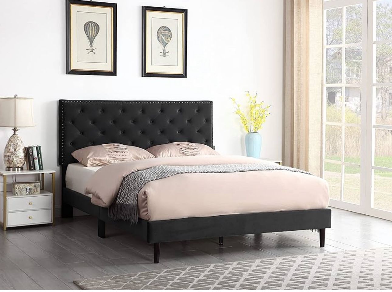 Free Delivery Black Queen Bed Frame with beautiful stones on headboard