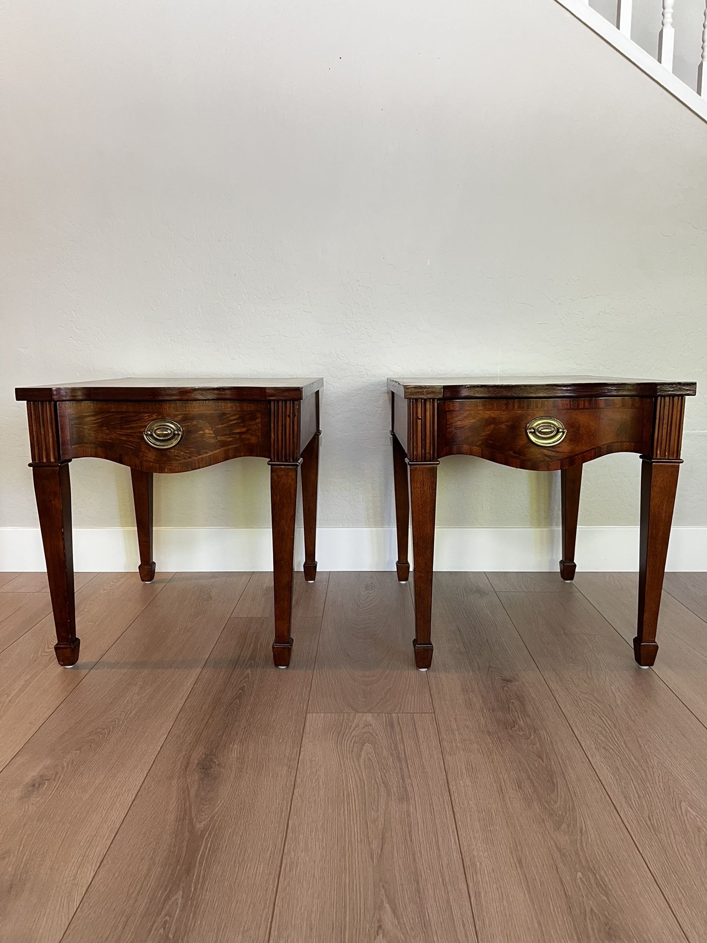 TWO BROYHILL 100th Anniversary Collection Mahogany Antique End Tables w/ Single Dovetail Drawers