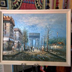vintage oil on canvas painting by artist Caroline Burnett, depicting a bustling Paris street scene with the Arc de Triomphe 40.5"×63.5"