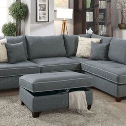 Brand New Grey Sectional Sofa With Storage Ottoman 