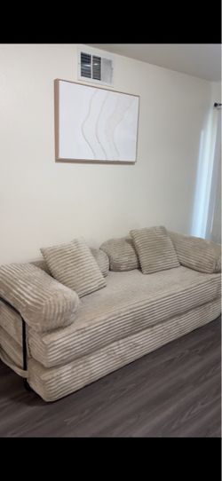 Beige Corduroy Loveseat with Pillows
