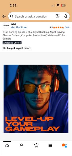 Titan Gaming Glasses, Blue Light Blocking, Night Driving Glasses for Men, Computer Protection Christmas Gift for Gamers