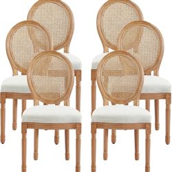 Farmhouse Fabric Dining Room Chairs Set of 6, French Chairs with Round Back, Rattan Dining Chair, Oval Side Chair for Dining Room/Kitchen/Restaurant