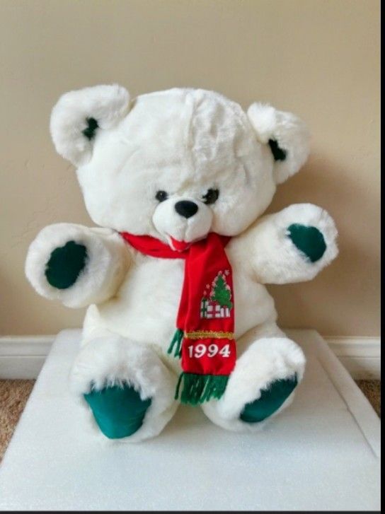 20" Vintage 1994 Christmas Teddy Bear White Plush In Red Scarf