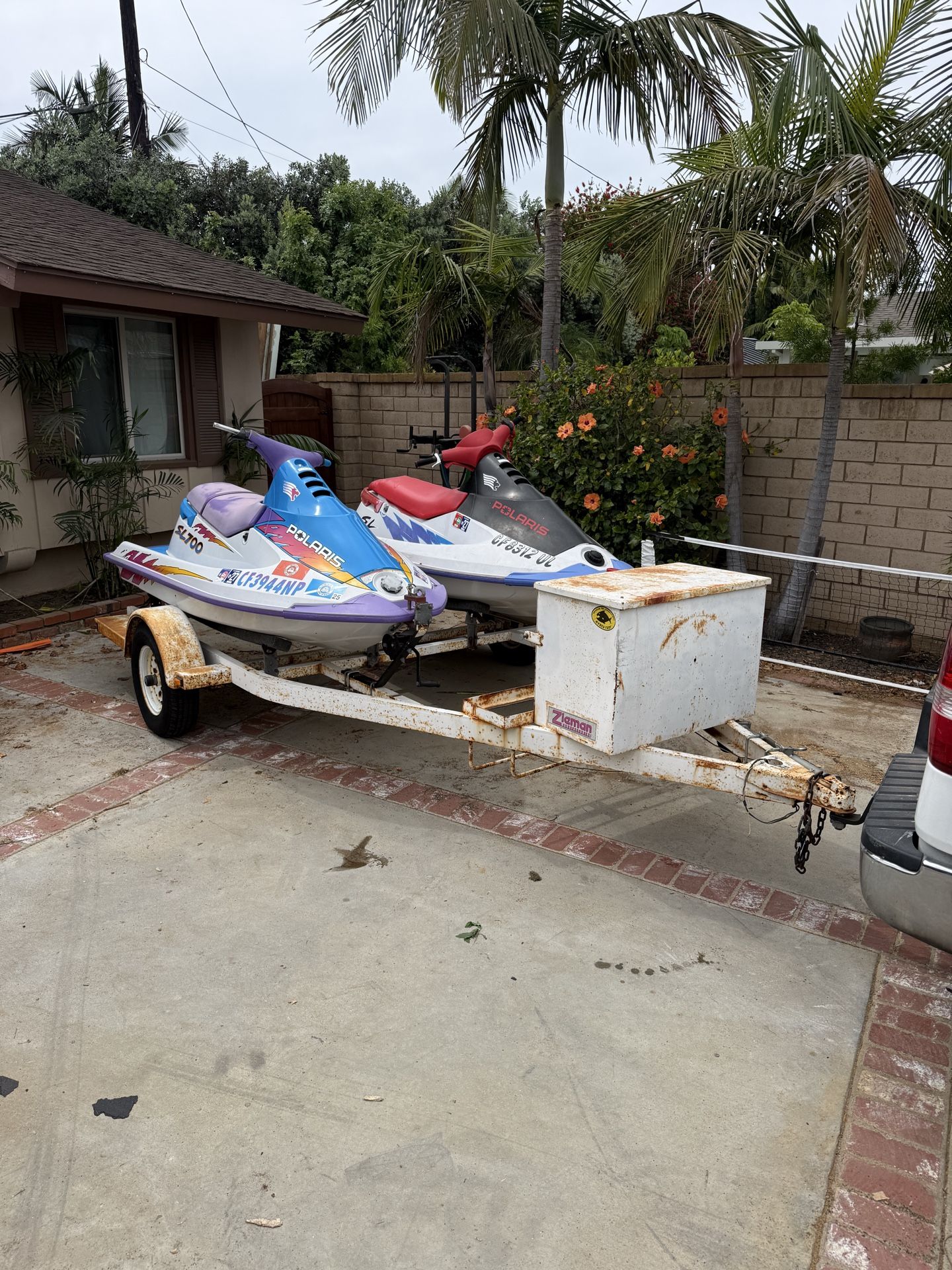Two Polaris Jet Skis with Trailer