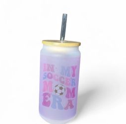 In My Soccer Mom Era Frosted Glass Can Tumbler 18oz with Bamboo Lid & Straw Handmade Sublimation Coffee Cup