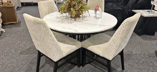 Round Marble-Top Dining Table with 4 Chairs