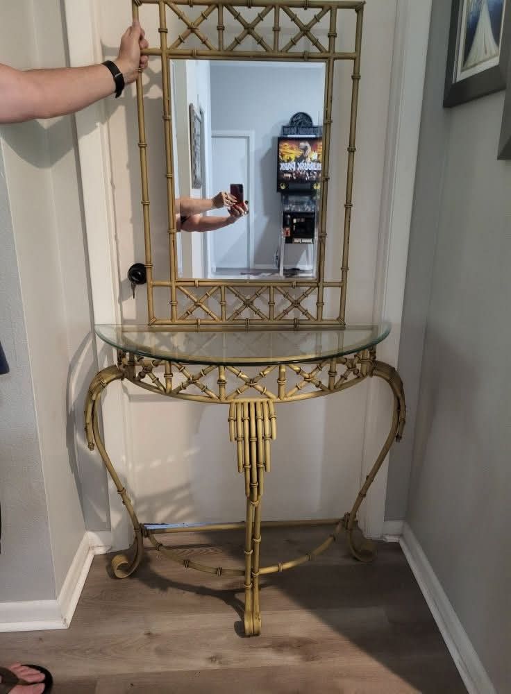 MCM Mid Century Modern Faux Bamboo Metal Console Table And Mirror Half Moon Crescent Furniture