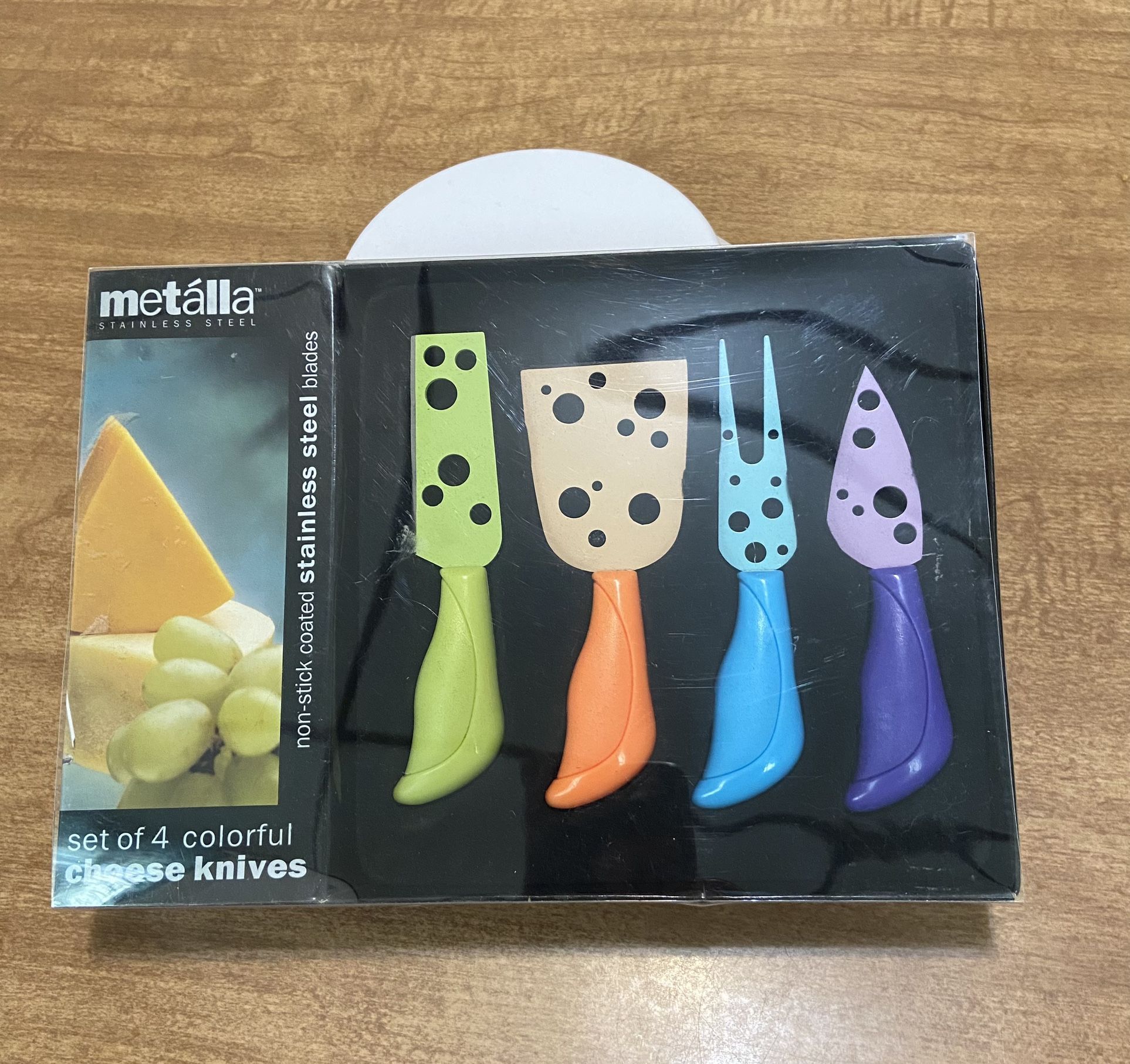 Metalla Cheese Serving Set Knives Fork 4 European Style Green Orange Blue Purple