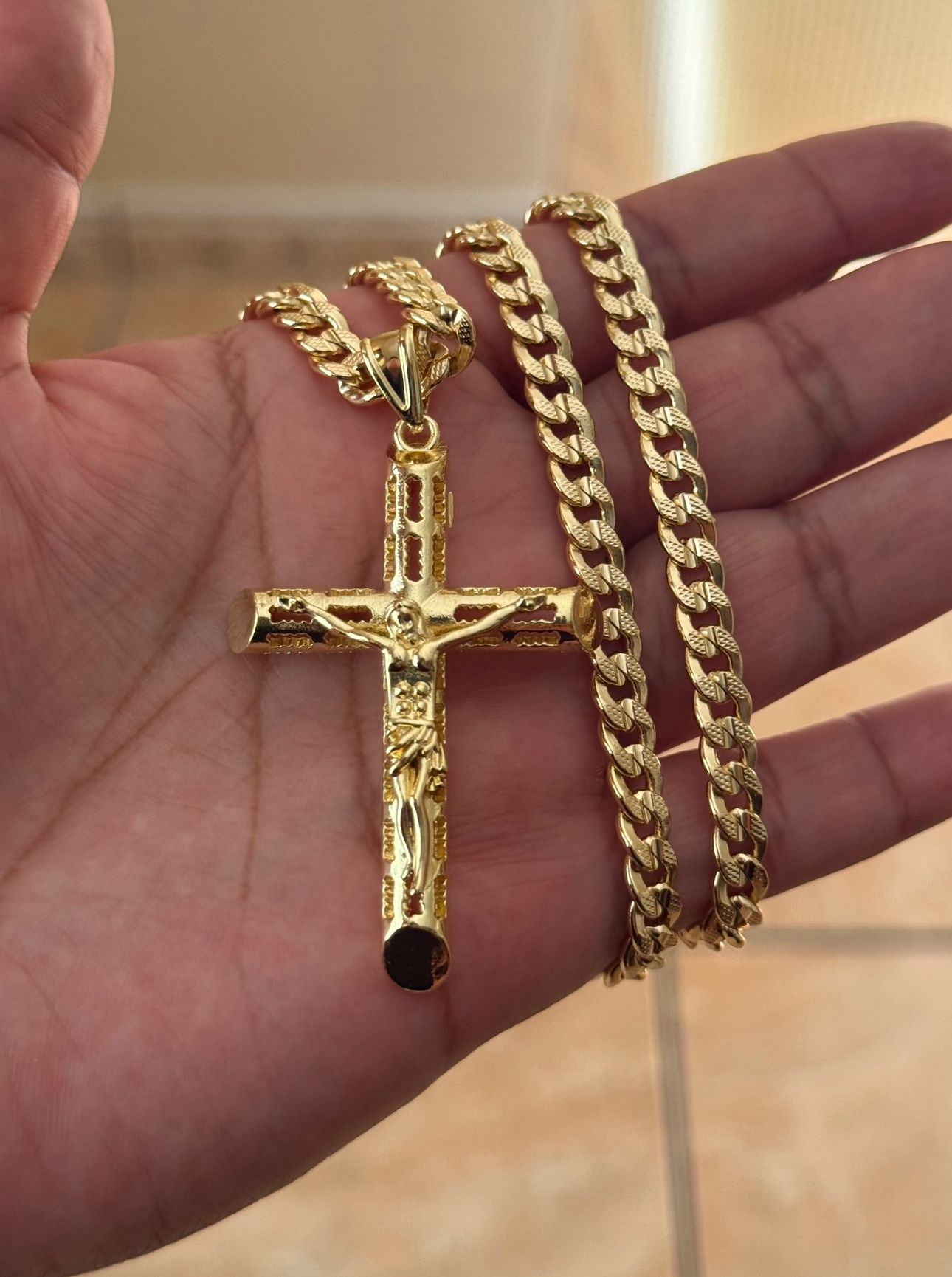 Big Plain Jesus On Cross With Gold Plated 24 Inch Cuban Necklace