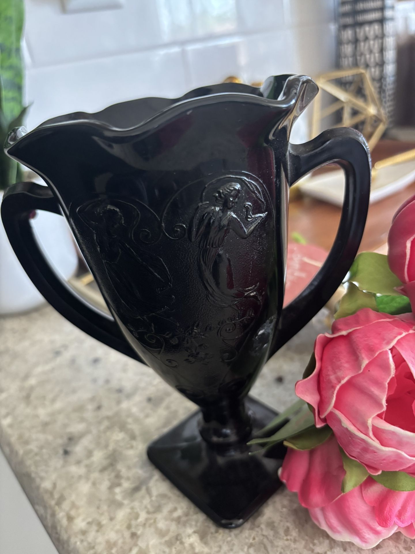 LE Smith Black Milk Glass Loving Cup Vase Dancing Nymphs Design 7”