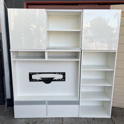 Used Entertainment Stand and Shelf Cabinet With Sliding Doors on top & Two drawers on the Bottom Multi-Use