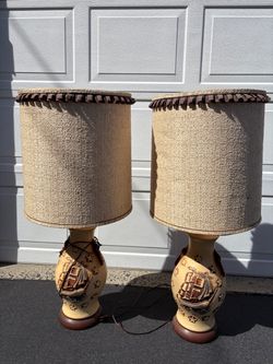 Vintage Mid-Century Ceramic Nautical Table Lamps Ship and Star Motif. Original Drum Shades Work Fine 36” tall to top of shades