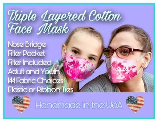 Triple Layered Cotton Face Mask with Nose Bridge and Filter Pocket