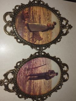 Farmer And Wife And Old Antique Metal Frams