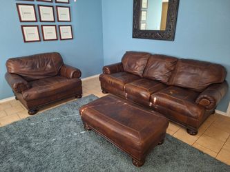 Brown Leather Sofa, Loveseat, and Ottoman Set