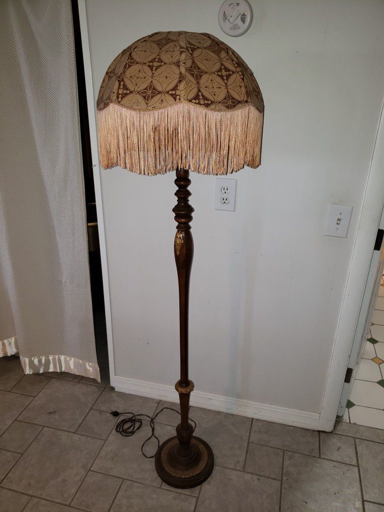 Antique Carved Wood Lamp W Fringed Shade