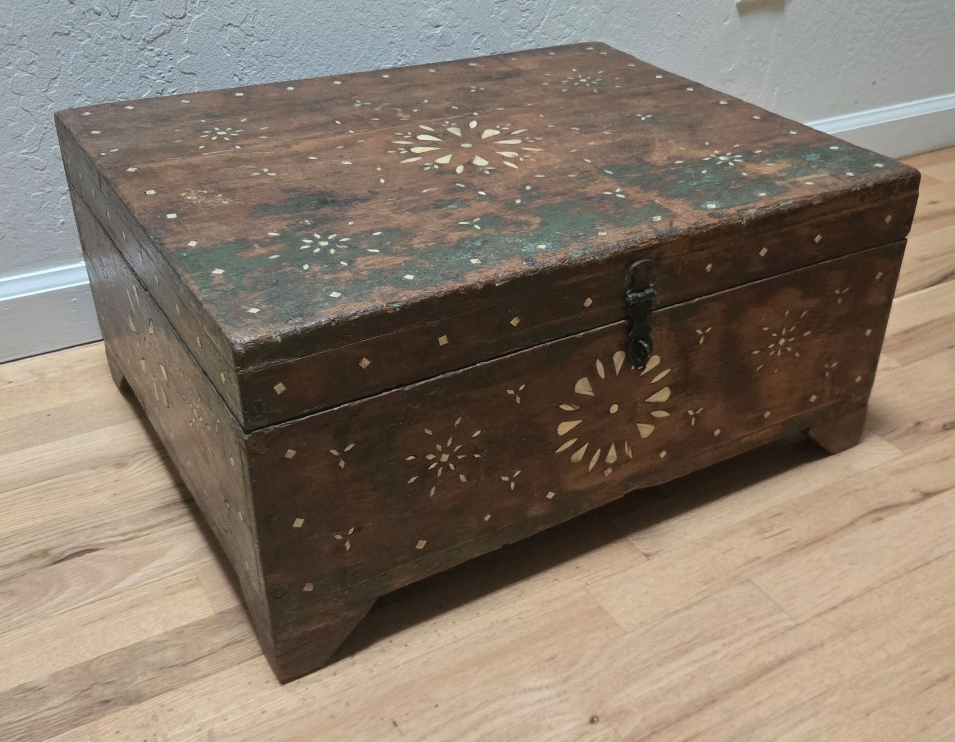 Antique Wooden Large Storage Chest Box Original Old Mother of Pearl Inlay 22x18x10.5"