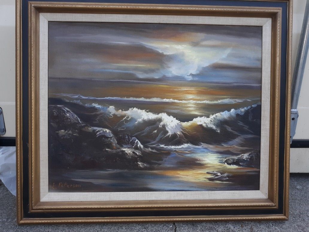 Antique Oil Painting Ocean Scene Waves Signed Original Art Artwork