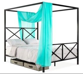 BEAUTIFUL 4-Post Queen Size Modern Metal Canopy Bed Frame, Black