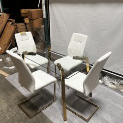New assemble - Clear Glass Table Top with Golden Legs,51"  and 4 Gold Metal Legs, High Back Kitchen Table Chairs  White Faux Leather.