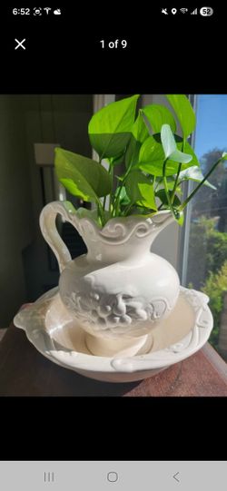 Large Vintage Ceramic Pitcher and Wash Basin Set Planter