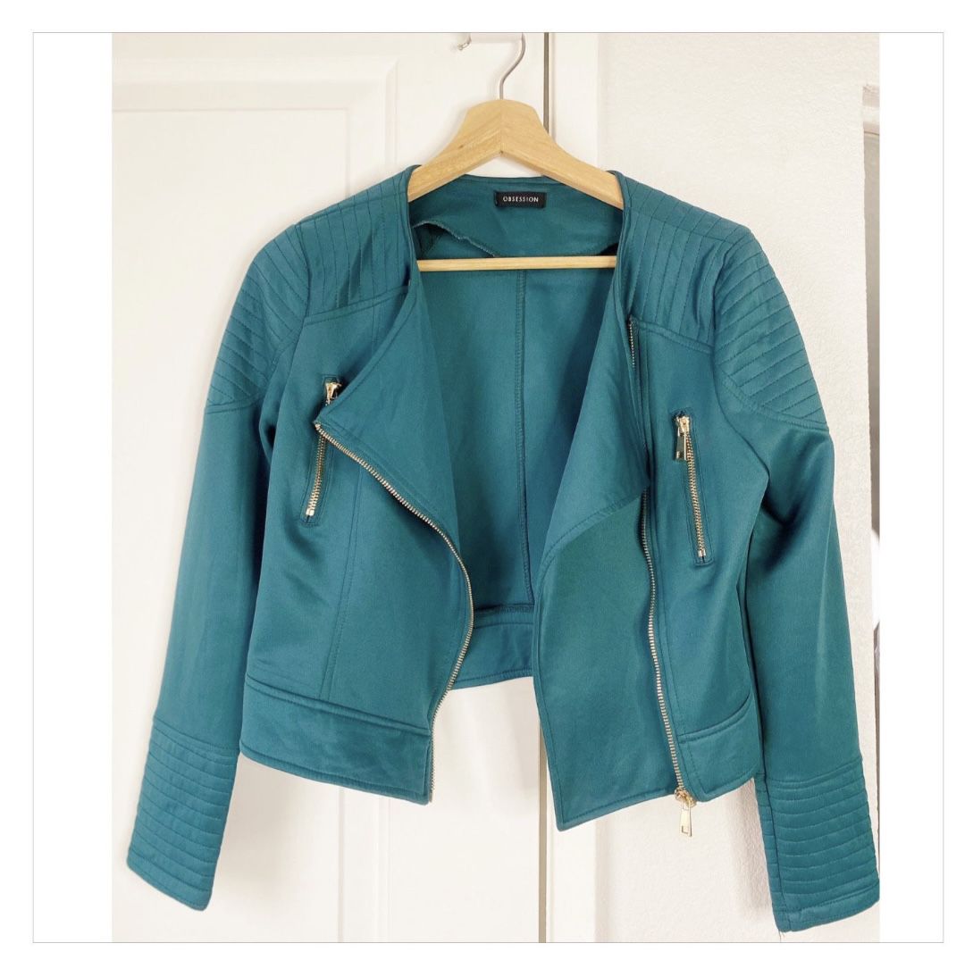 Obsession Solid Textured Zip Up Green Jacket S(4) Size