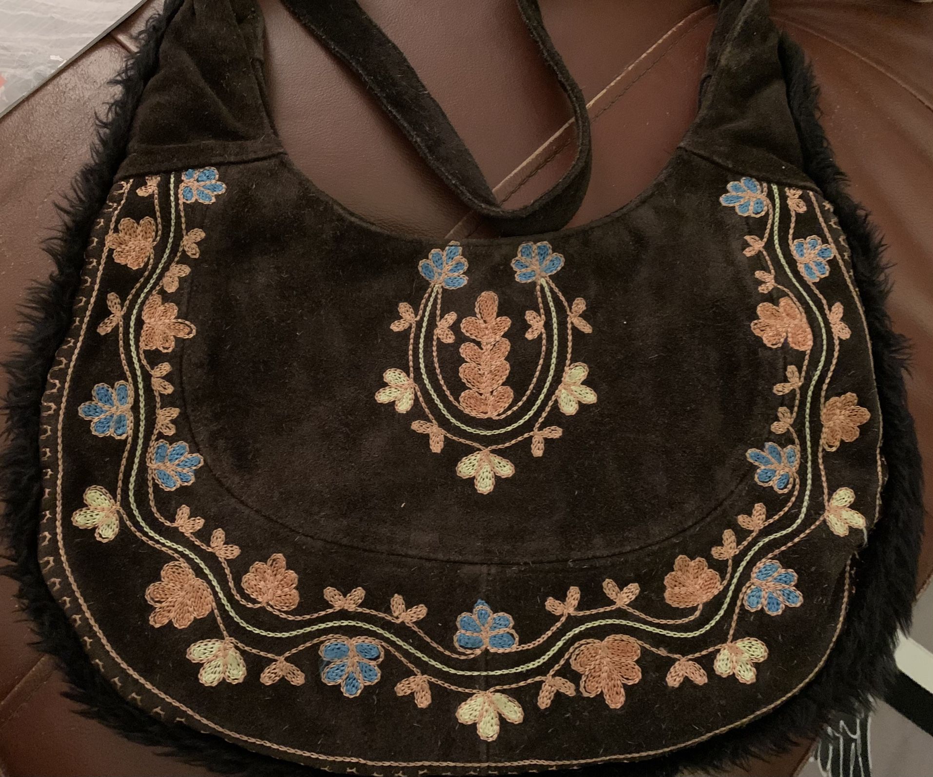 Leather Embroidered Fringed Handbag
