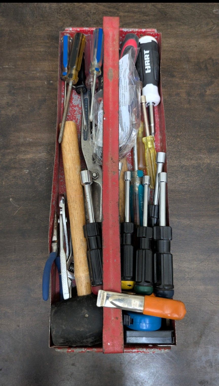 Metal Tray Full Of Hand Tools- Thirty Items Total.