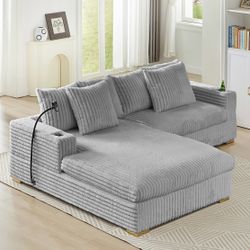 Grey Corduroy Left Facing Sectional Gold Legs Cup Holders Brand New $699