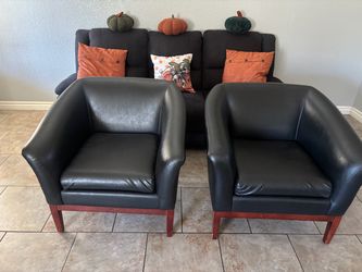 Black Faux Leather Barrel Accent Chairs – Set of 2