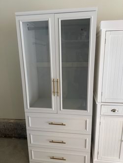 White Cabinet with Glass Doors and Drawers