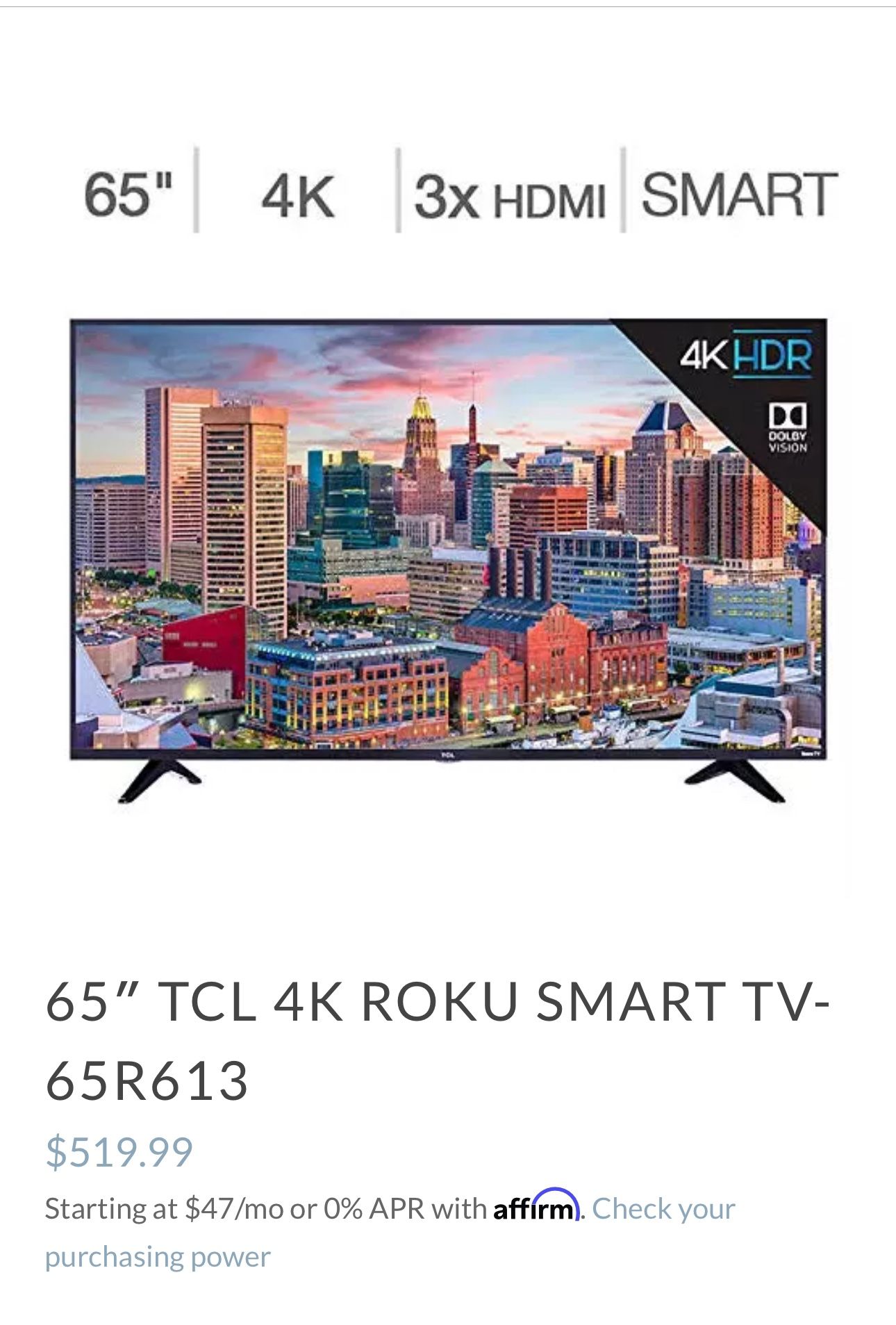 $50 TCL 65” Roku 