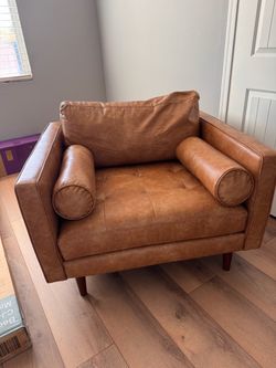 Living Spaces Lukas Caramel Brown Faux Leather Oversized Armchair | High Performance Fabric | Club |