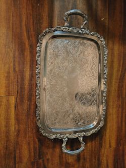 Silver-Plated Ornate Serving Tray with Handles