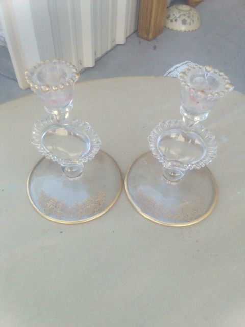 Candlesticks Gold Pattern Clear Glass Vintage Candlestick Glassware Antique Antique