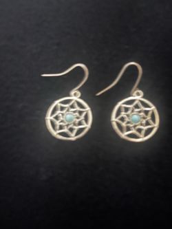 Beautiful Silver Tone With Tourquise Dreamcatcher Earrings