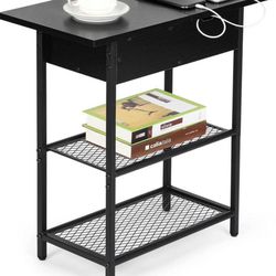Table with Charging Station, Narrow Flip Top Side Table with USB Ports and Outlets, Black Sofa Table with Storage Shelves for Small Space, N