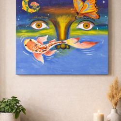 Large Original Acrylic Painting 30×24 – Surreal Butterfly & Koi Art