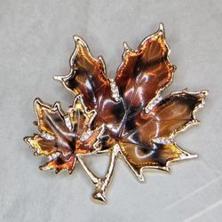 Napier Gold Tone Autumn Fall Leaf Pin Brooch Double Maple Leaf Crystal Accents
