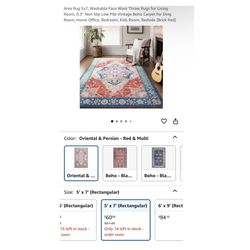 Brand new Area Rug 5x7, Washable Faux Wool Throw Rugs for Living Room, 0.3″ Non Slip Low Pile Vintage Boho Carpet for Ding Room, Home Office, Bedroom,