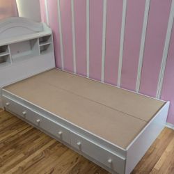 Twin Bookcase Headboard and Mates Bed Base with drawers