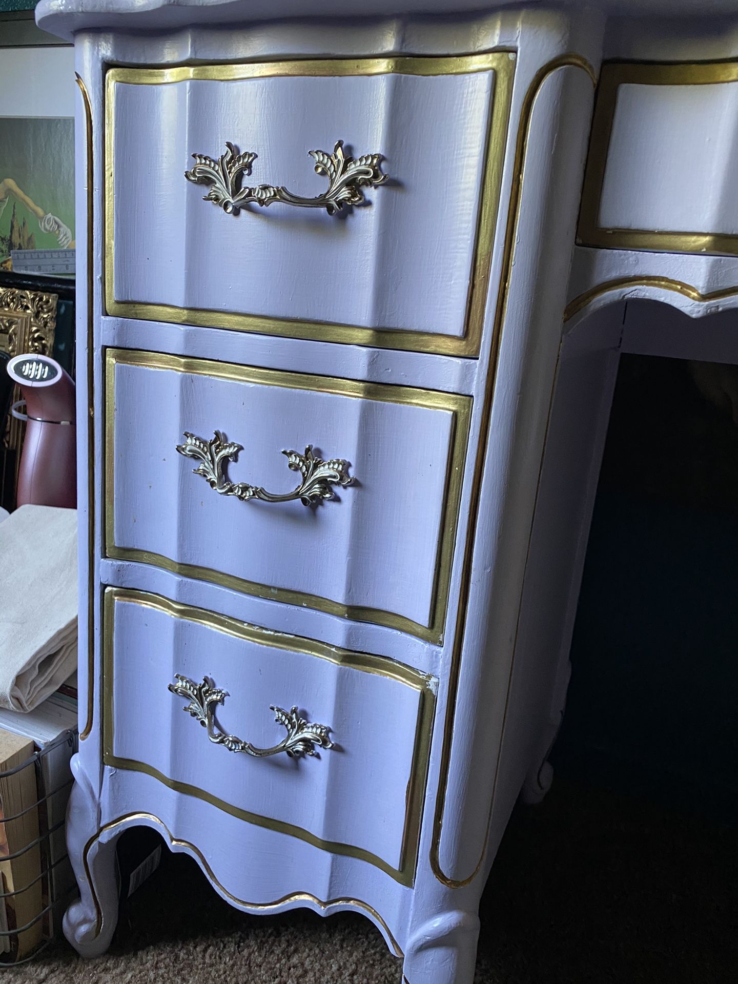 French Rustic Cottage Chic Lavender Gold Handpainted Desk
